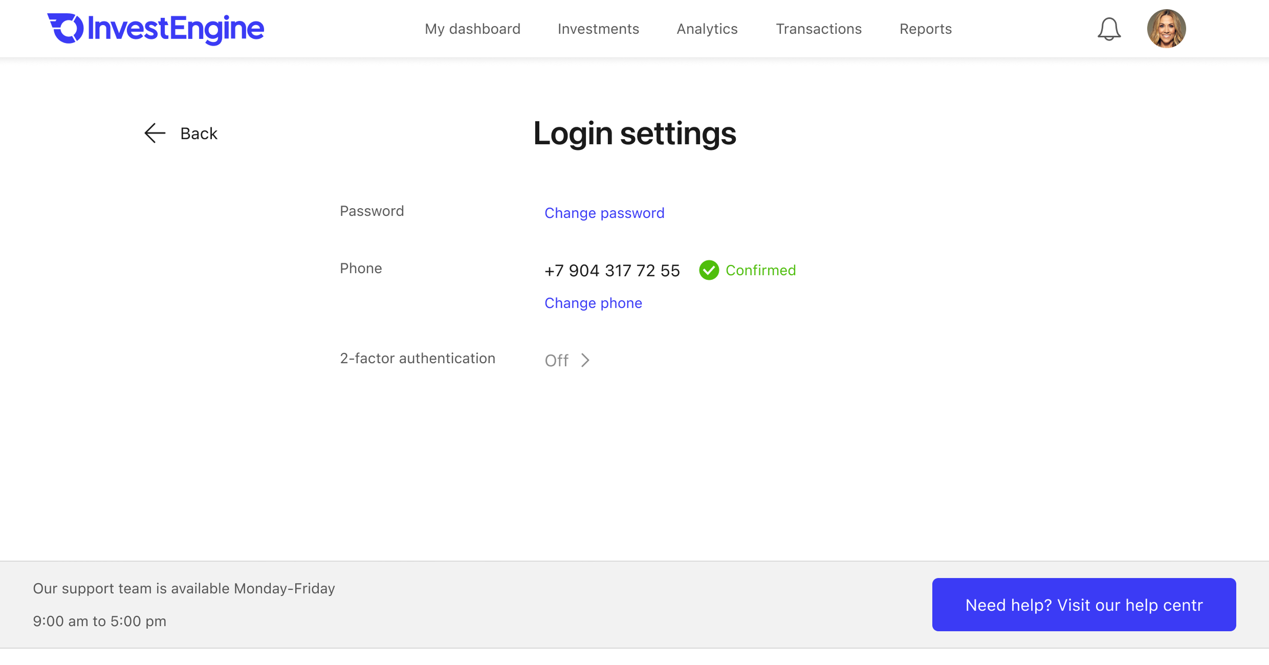 Old login settings: password, phone number with Change phone, and 2-factor authentication Off as separate rows