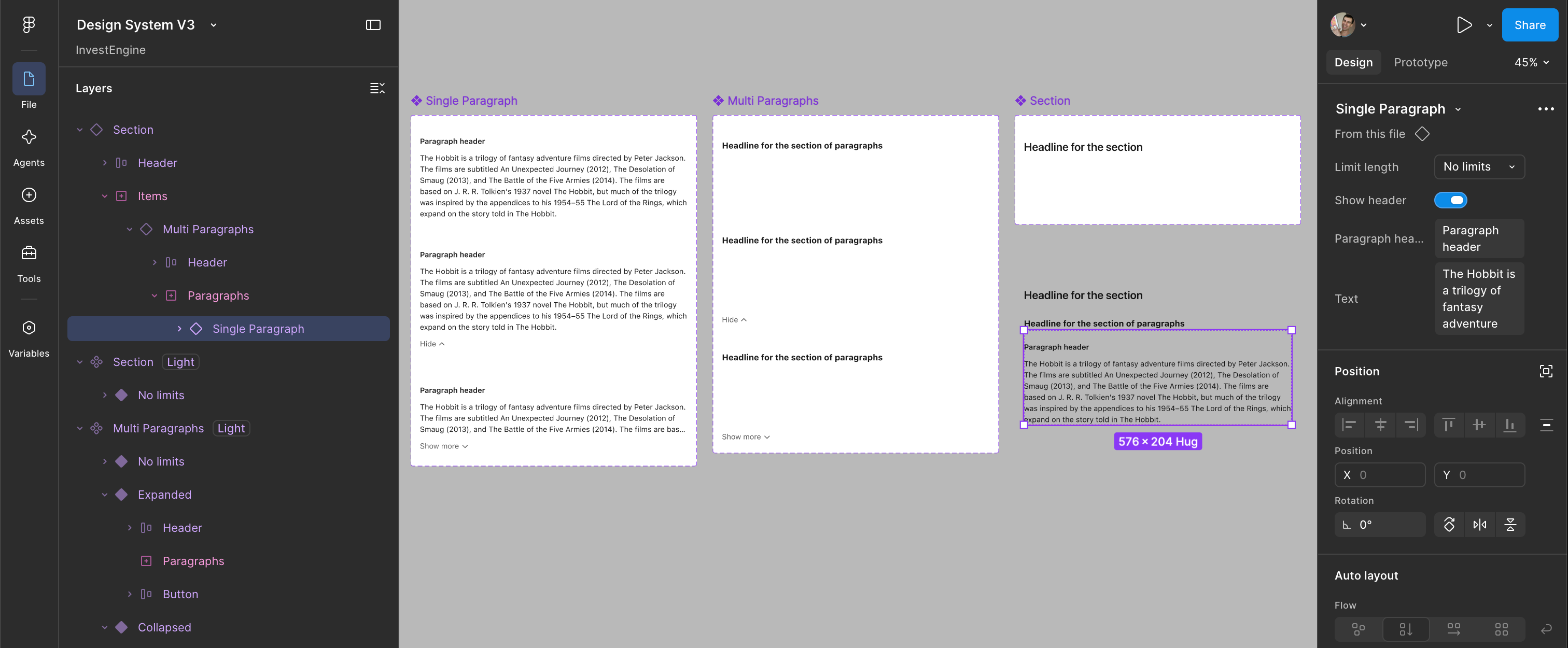 Figma file Design System V3 for InvestEngine: Single Paragraph, Multi Paragraphs and Section components with built-in paddings, and the component properties panel