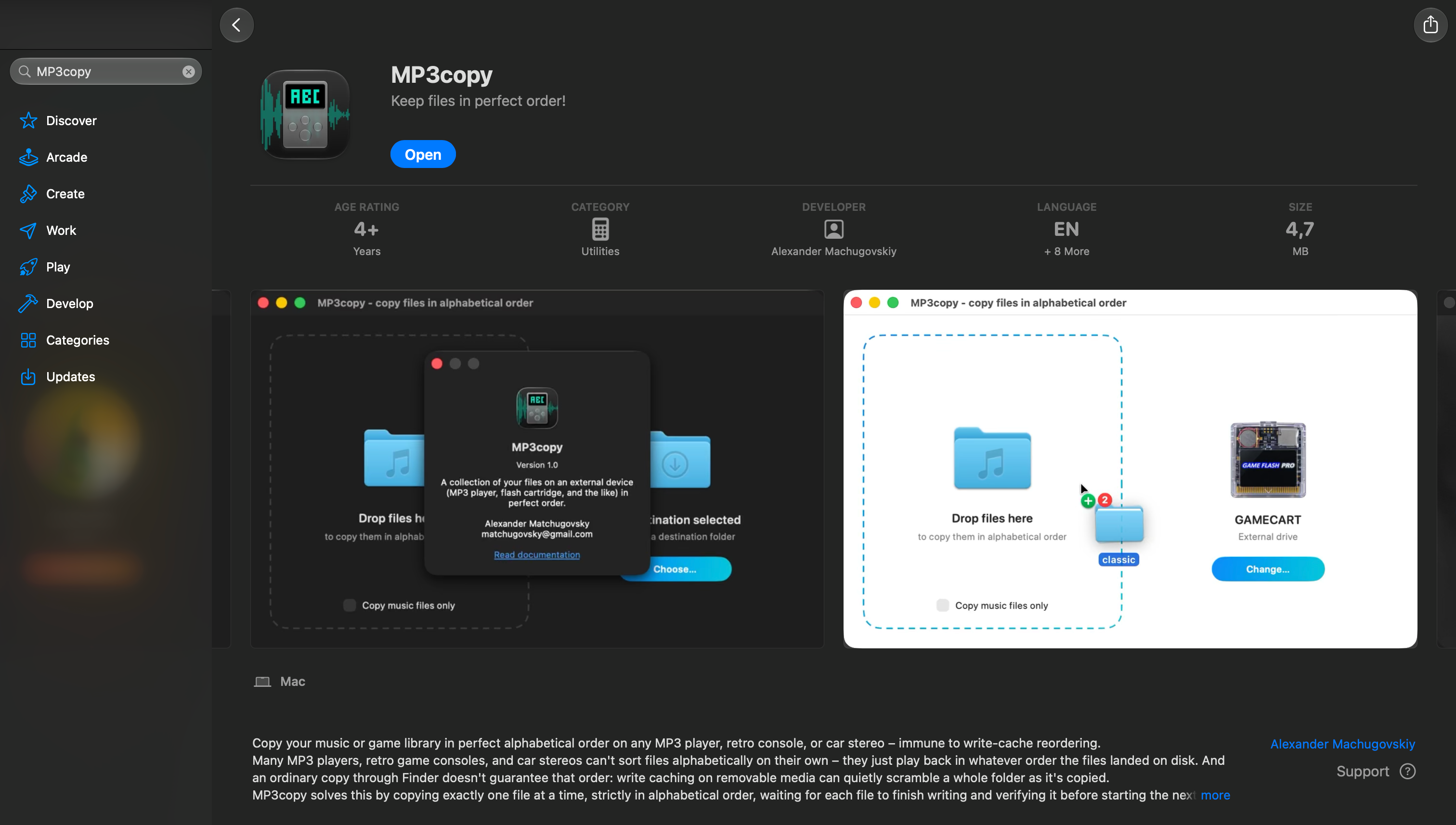 The MP3copy page on the Mac App Store