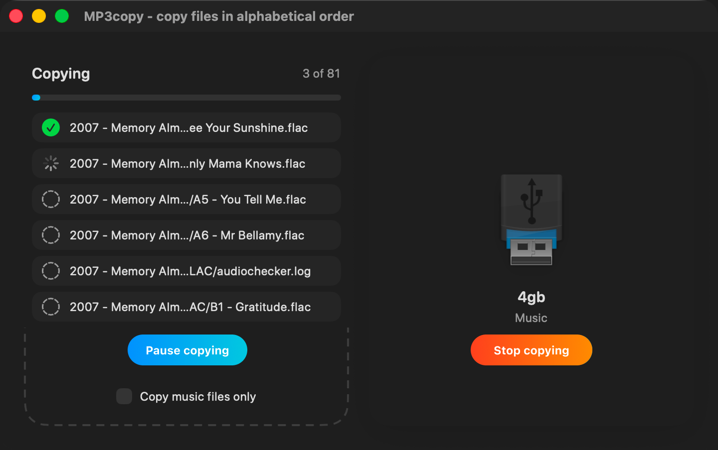 Rejected version: Pause copying button under the file list