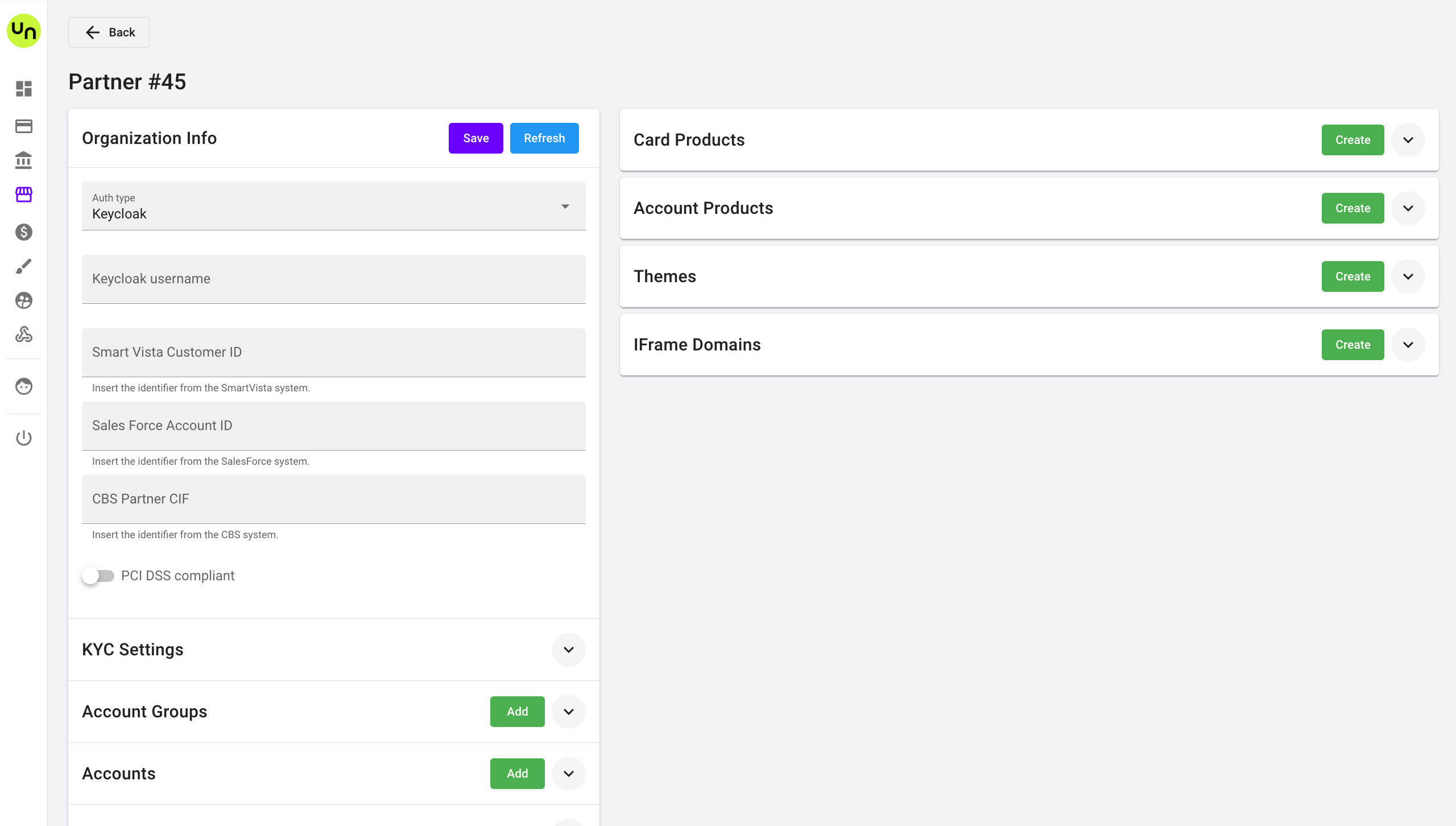 Unlimit BaaS partner details screen before the redesign