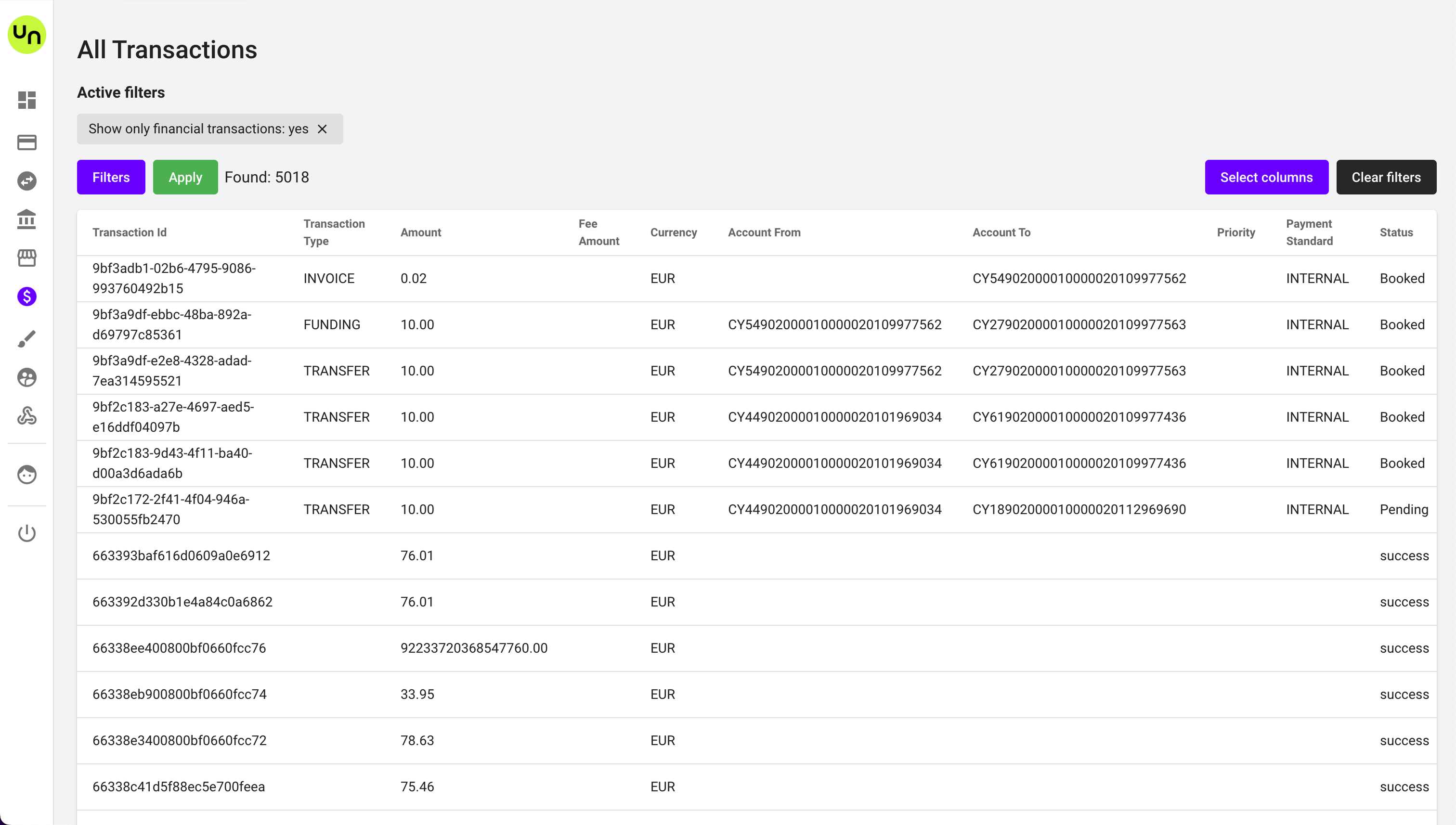 Unlimit BaaS transactions list before the redesign