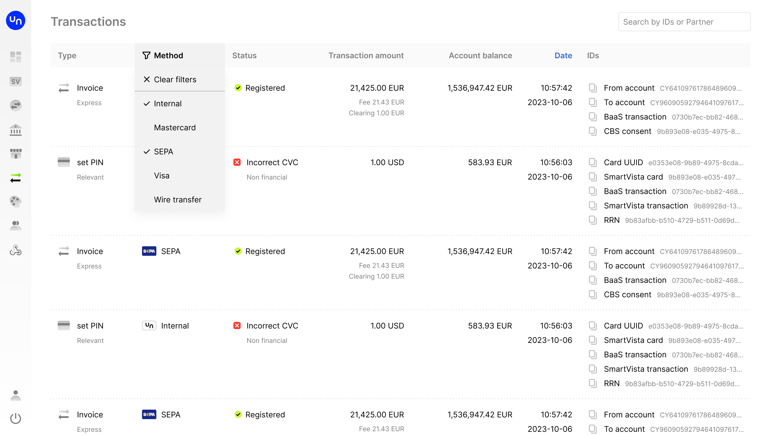 Unlimit BaaS transactions list after the redesign